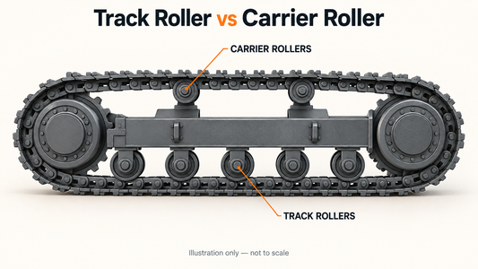 Illustration of upper carrier rollers and lower track rollers inside a crawler track loop, with labels showing their positions; not to scale.