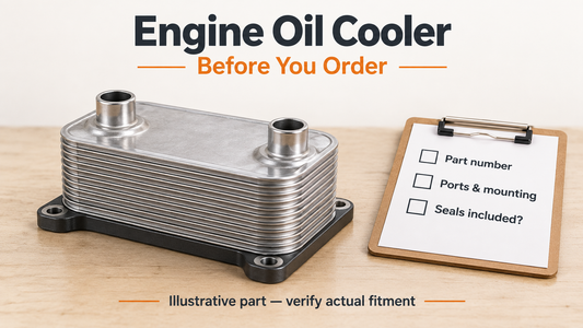 Illustration of a generic oil cooler beside a checklist for part number, ports and mounting, and included seals; actual fitment requires verification.