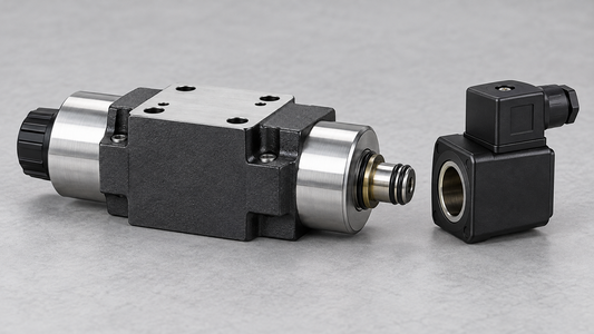 Unbranded hydraulic valve body beside a separate electrical solenoid coil on a neutral inspection surface.