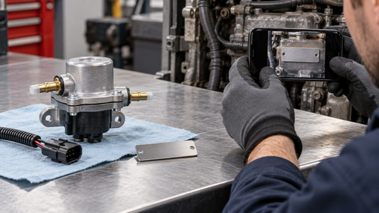 A technician photographs an engine identification plate beside a generic fuel pump and electrical connector.