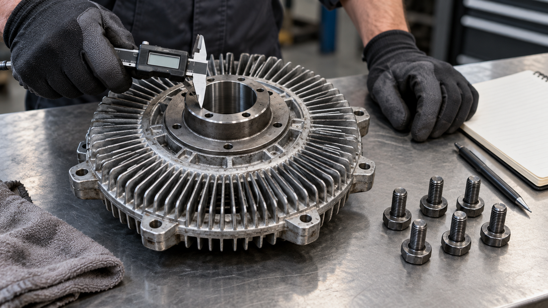 A technician measures the center opening of a generic finned fan clutch with a digital caliper beside its mounting bolts.