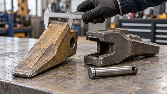 A generic excavator bucket tooth, adapter and retaining pin beside a caliper on a workshop bench.