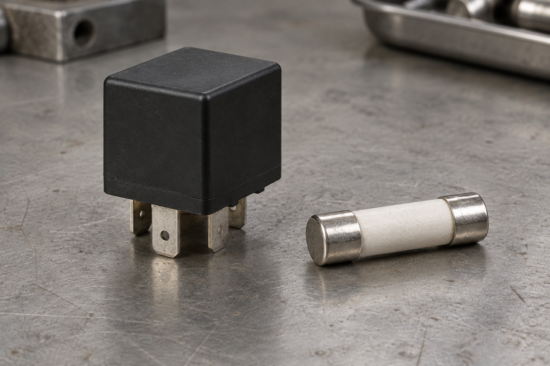A generic electromechanical relay and a separate ceramic cartridge fuse on a neutral workshop bench.