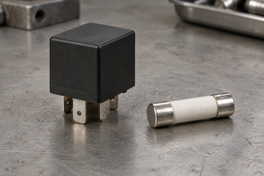 A generic electromechanical relay and a separate ceramic cartridge fuse on a neutral workshop bench.