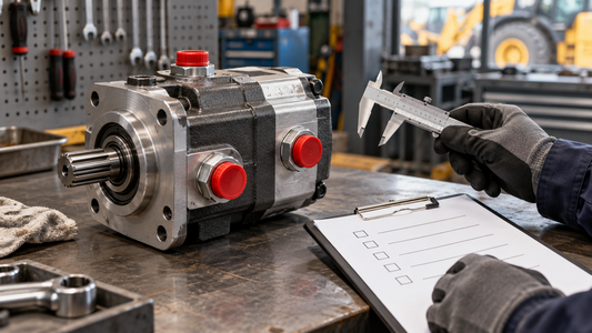 A generic hydraulic pump on a workshop bench beside a caliper and blank checklist.