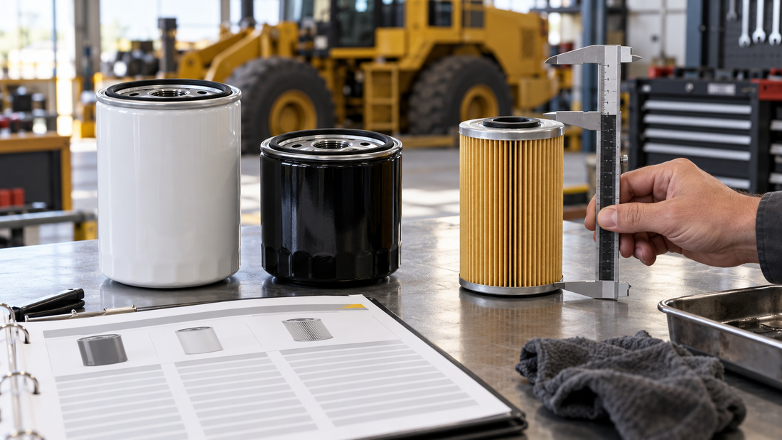 Generic spin-on and cartridge oil filters beside a caliper and blank catalog sheet on a workshop bench.