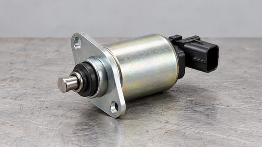 Generic metal engine stop solenoid with a mounting flange, plunger, and electrical connector on a workbench.
