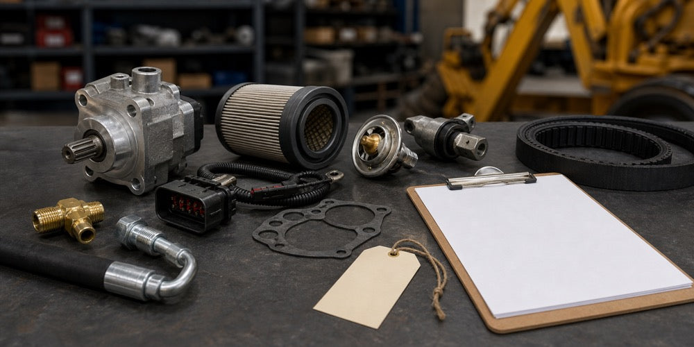 Generic construction equipment spare parts with a blank parts tag on a workshop desk