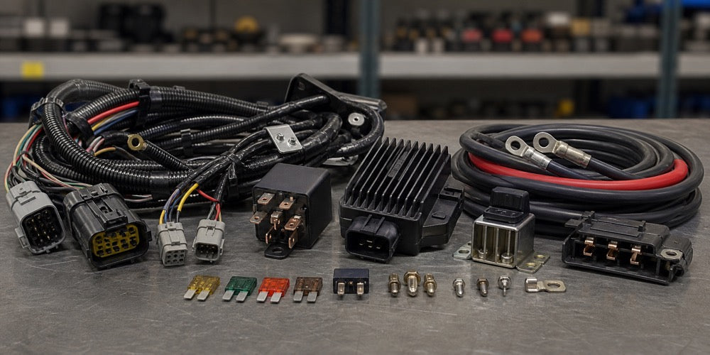 Generic relay, voltage regulator, wiring harness, and electrical parts on a workbench