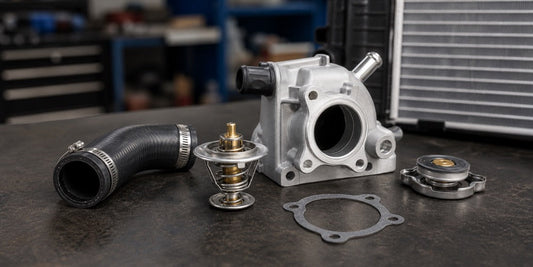 Generic excavator thermostat and housing on a workshop bench