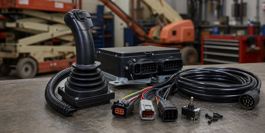 Generic lift joystick controller with connectors and control parts on a workbench