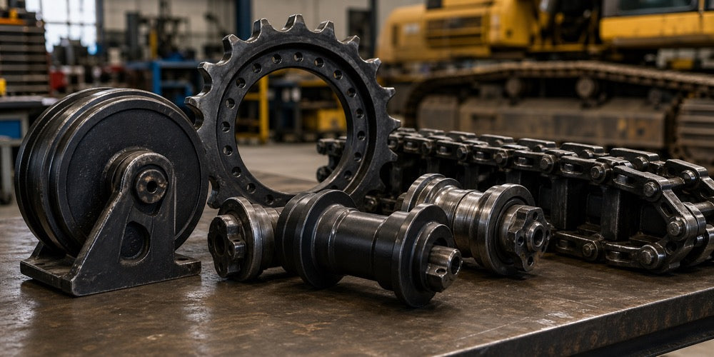 Generic excavator undercarriage rollers, sprocket, idler, and track section in a workshop