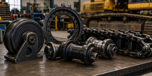 Generic excavator undercarriage rollers, sprocket, idler, and track section in a workshop