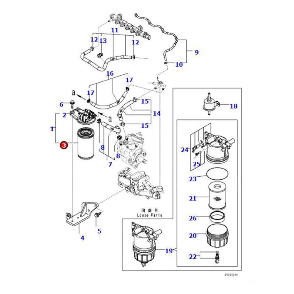 Fuel Filter YM129A00-55800 for use with Komatsu Engine 4D88E-7 Excavator PC80MR-5 Loader WA100M-8