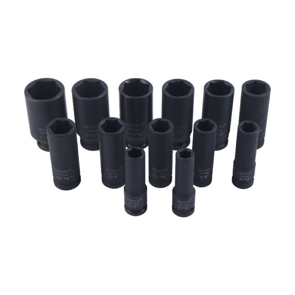 13 Pieces 1/2-Inch Drive Deep Impact Socket Set Heavy-Duty CR-MO Steel with Storage Case