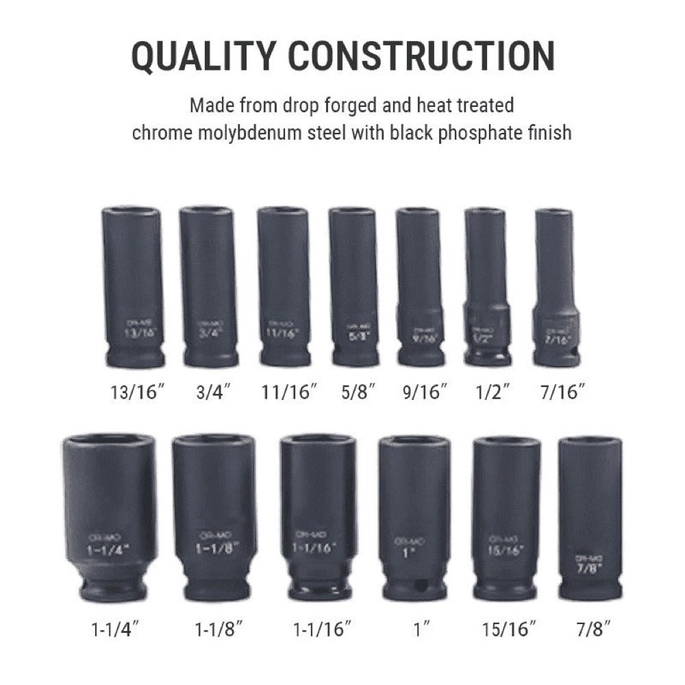 13 Pieces 1/2-Inch Drive Deep Impact Socket Set Heavy-Duty CR-MO Steel with Storage Case