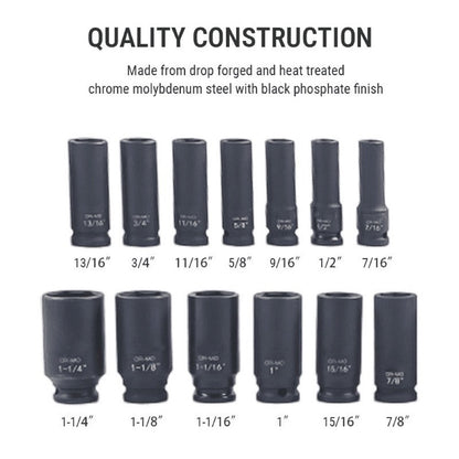 13 Pieces 1/2-Inch Drive Deep Impact Socket Set Heavy-Duty CR-MO Steel with Storage Case