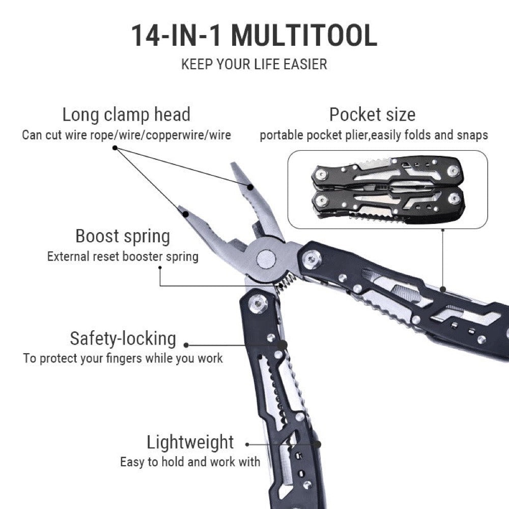 14-in-1 Multifunctional Pliers Portable Multitool with Pocket Clip Knife Screwdrivers Saw & Wire Cutters Ideal compatible with Camping DIY & Everyday Use