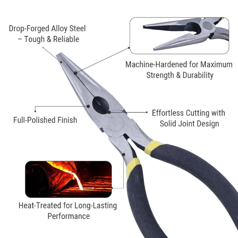 6 Inch Durable Long Nose Pliers with Double-Dipped Grips Low-Profile Design compatible with Precision in Tight Spaces