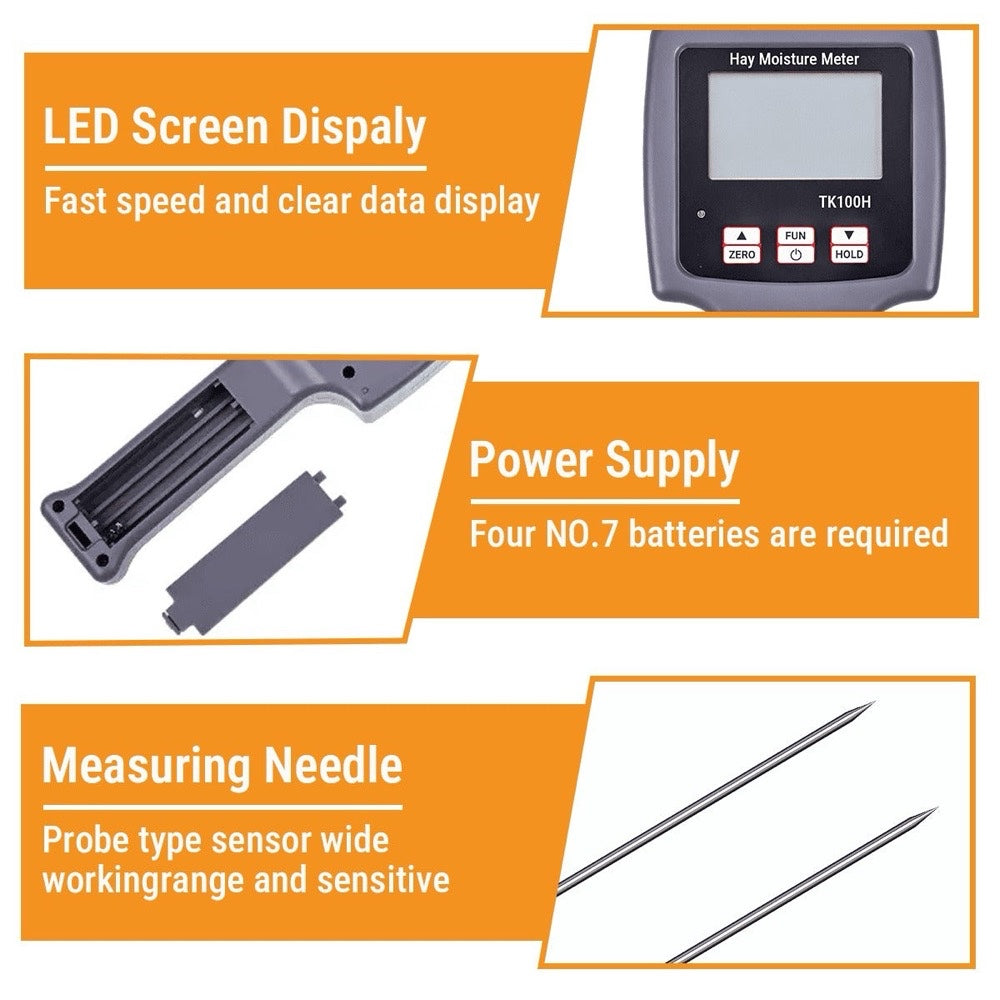 TK100H Portable Hay Moisture Meter High-Precision Moisture Tester with Integrated Probe for use with Accurate Forage Monitoring and Spoilage Prevention